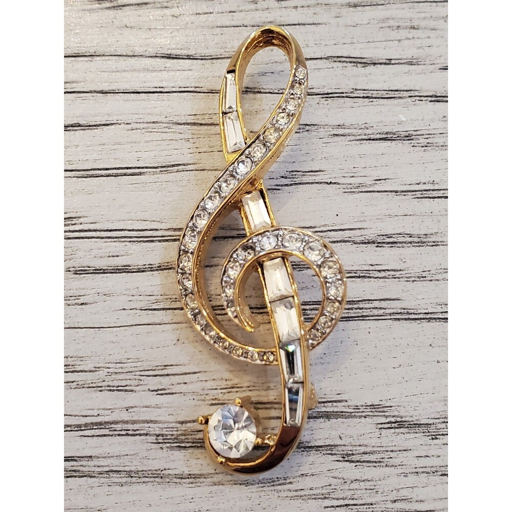D'ORLAN Gold-Tone Treble Clef Brooch Pin with Clear Crystals 2.25"